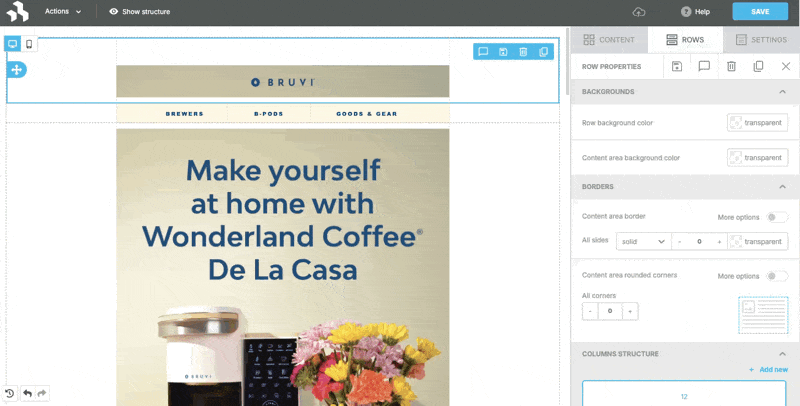 Beefree SDK user interface displaying the add new category option, which allows adding more row categories in the builder