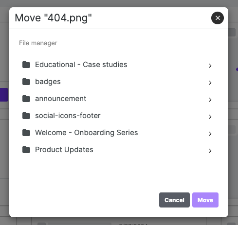 Example image of the move dialog that shows a list of directories for the end user to select from to relocate their file