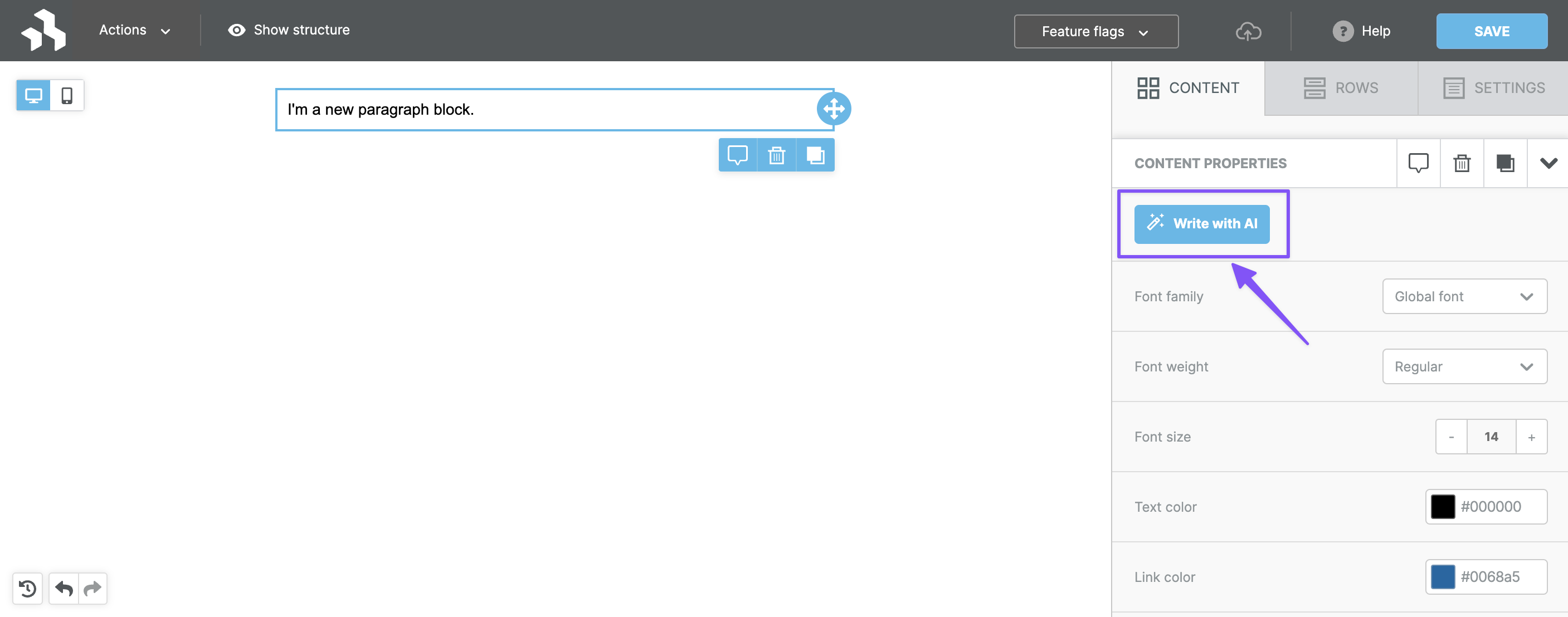 Write with AI button highlighted inside the panel on the right side of the screen after dragging and dropping a paragraph block on to the builder stage