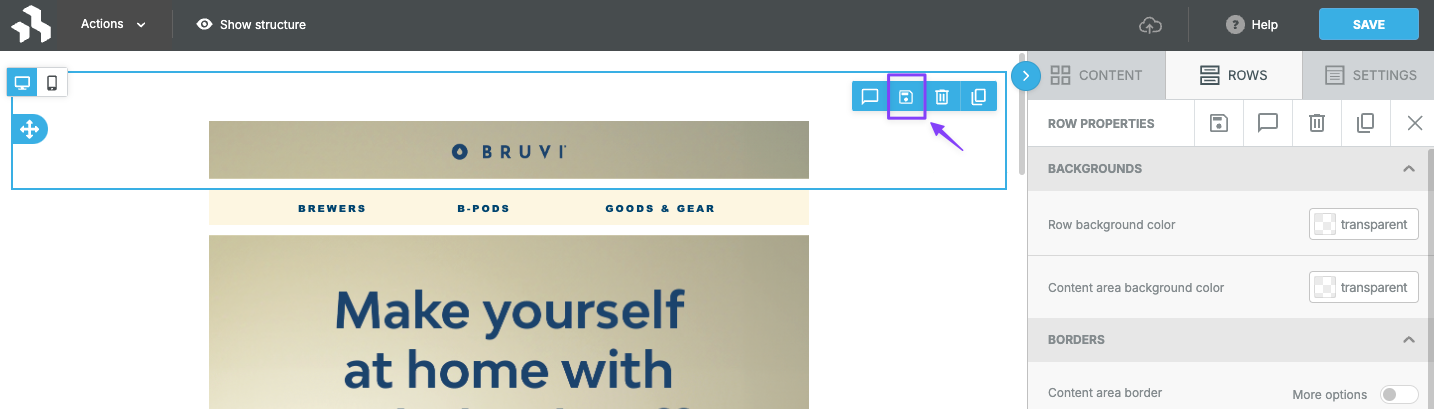 Beefree SDK user interface displaying the save icon on the builder stage end users see