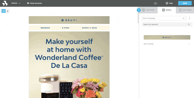 Beefree SDK user interface displaying the edit row options, which allows editing the name or category of a row