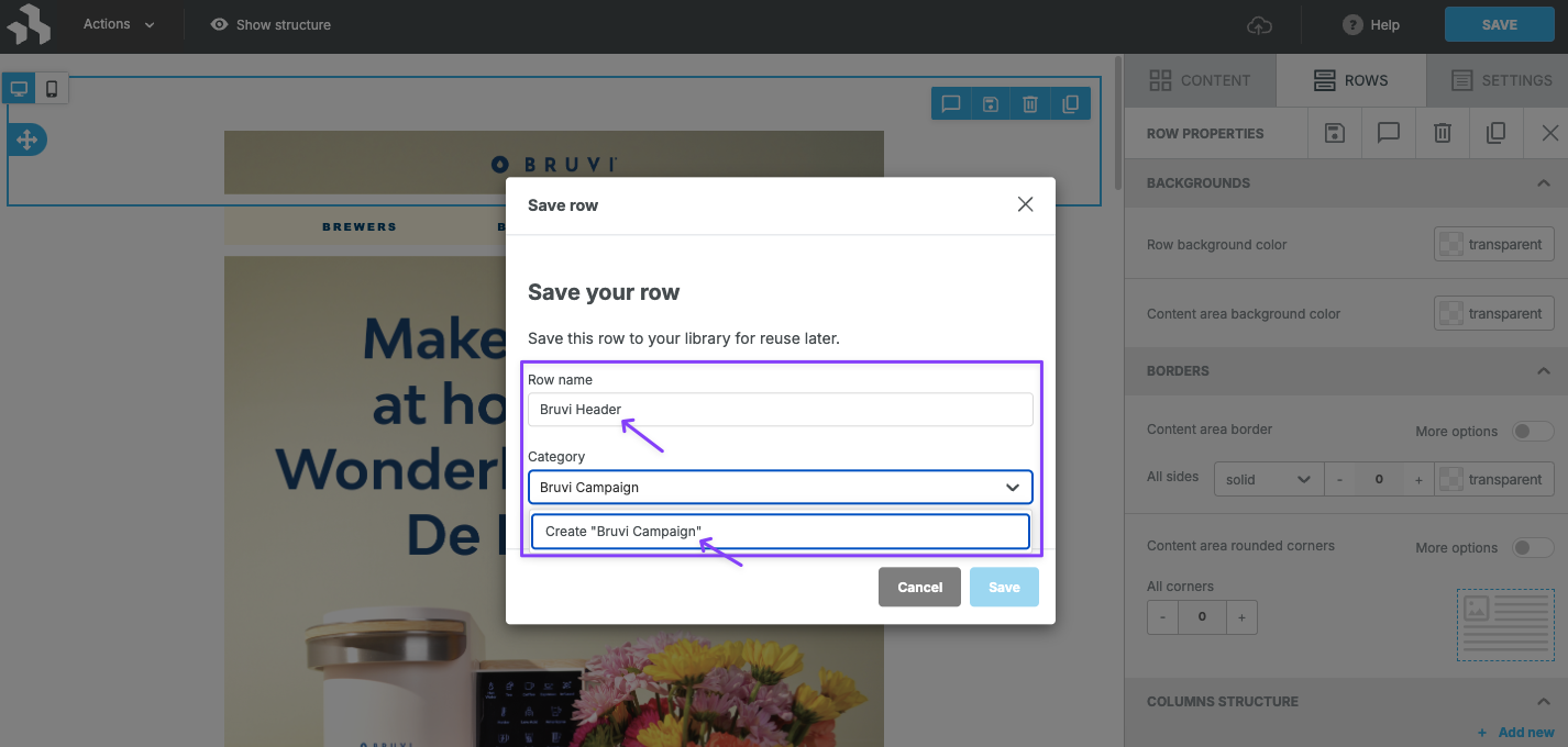 Beefree SDK user interface displaying the save row modal with Row name and Category options