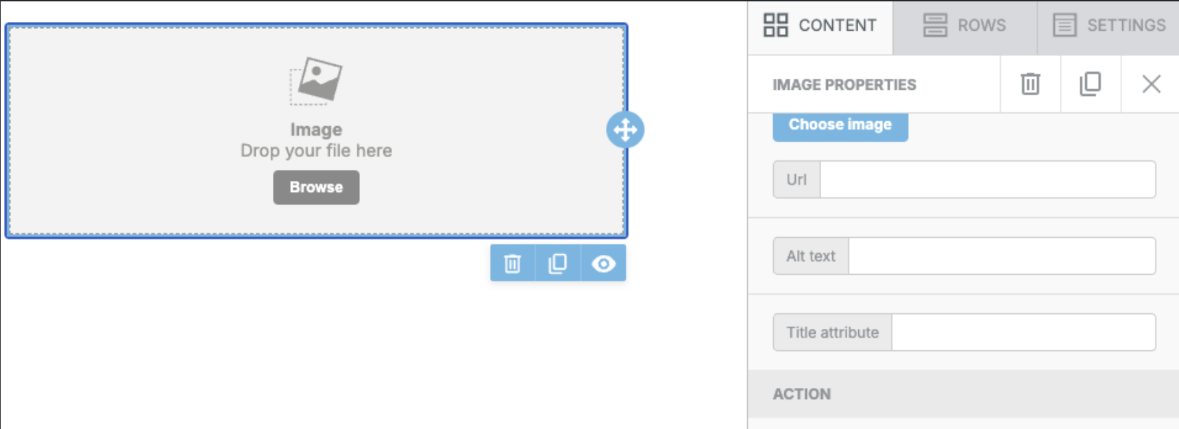 Screen of the Beefree SDK user interface showing the Image Properties in the sidebar with the option to add a Title Attribute