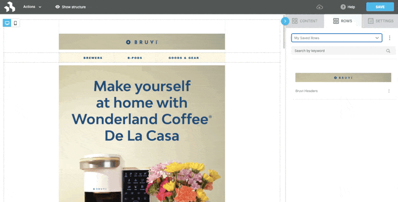 Beefree SDK user interface displaying the delete row option, which allows deleting a row