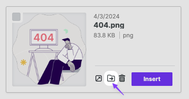 Screenshot of an image within the File Manager. There are three icons next to the image and the middle icon displays the move button, which allows the end user to move the file to a new location within the File manager.